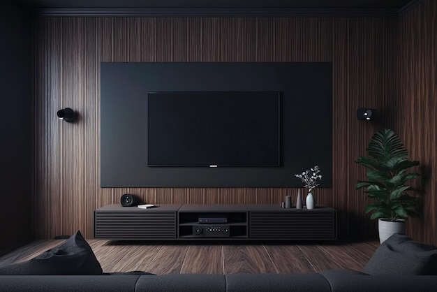 TV en la pared en una habitación con paneles de madera oscura