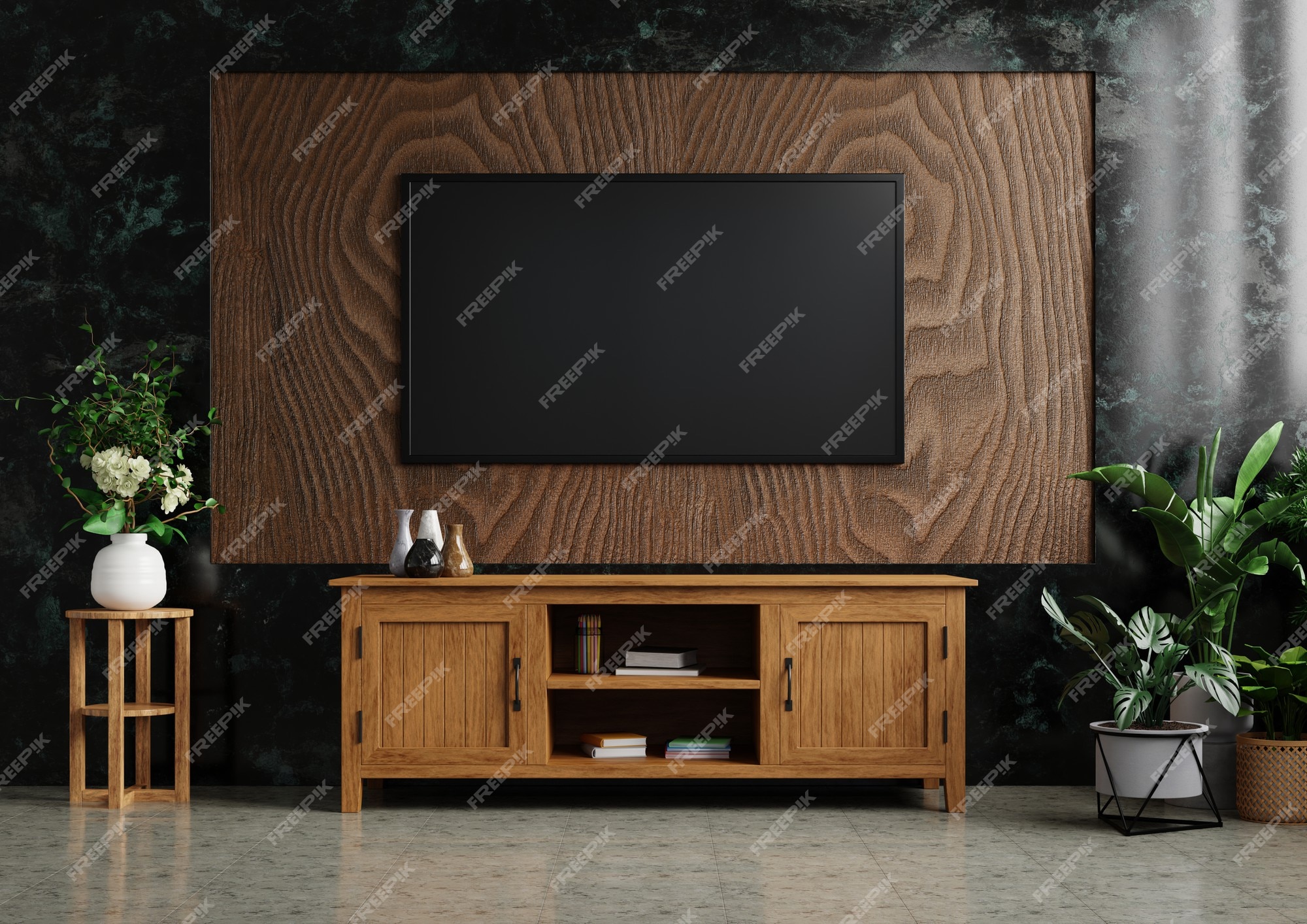 Tv en pared de madera de la de estar con muebles de madera y | Foto Premium