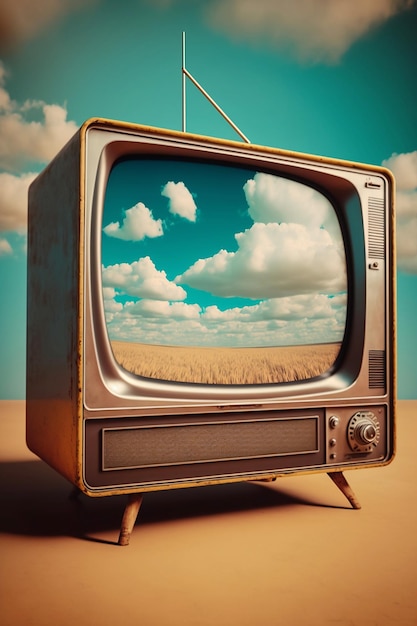 Tv retrô em campo no fundo do céu com nuvens