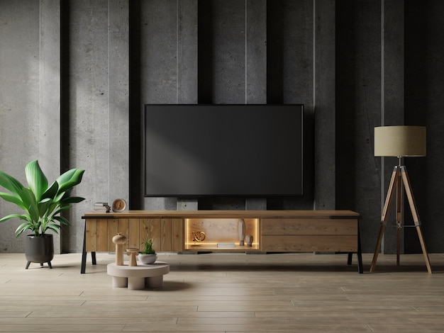 TV en salón moderno con mesa y planta sobre fondo de pared de hormigón