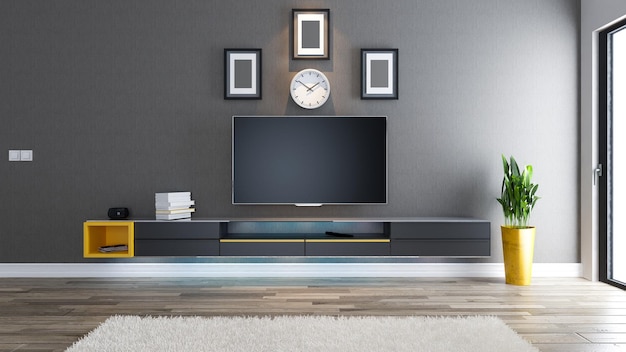 TV-Salon oder Wohnzimmer mit überdachter Tapetenwand und schwarzem TV-Ständer-Design