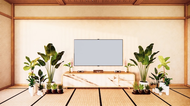 TV-Schrank im japanischen Wohnzimmer auf weißer Wand, 3D-Rendering