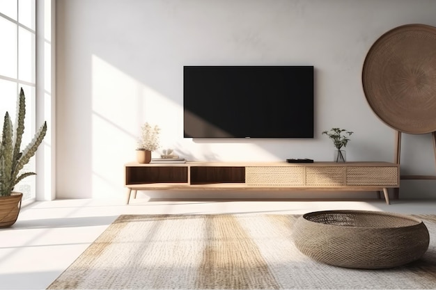 TV-Schrank im minimalistischen Wohnzimmer mit Pampas-KI-generiertem Bild