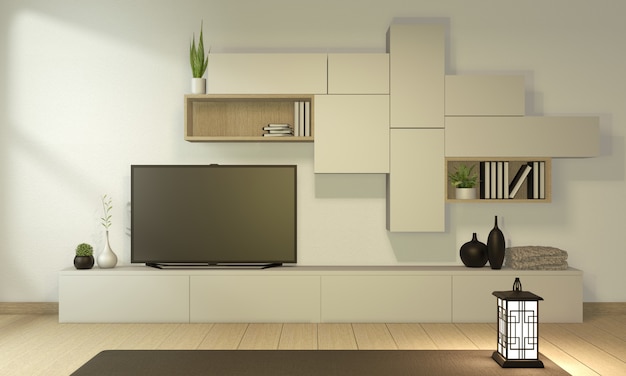 TV-Schrank im modernen leeren Raum im japanischen Zen-Stil, minimalistisches Design. 3D-Rendering