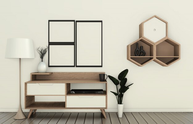 TV-Schrank im modernen, leeren Raum im japanischen Zen-Stil mit minimalem Design. 3D-Rendering