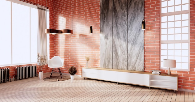 TV-Schrank im Wohnzimmer im Loft-Innenraum aus Ziegelwänden, minimalistische Designs, 3D-Rendering