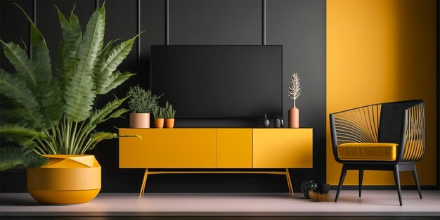 TV-Schrank mit gelber und schwarzer moderner minimaler Innenarchitektur Minimalistisches Interieur 3D-Rendering