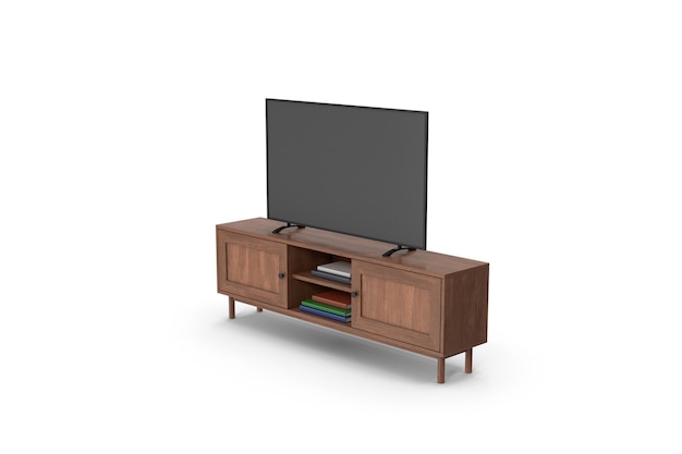TV-Ständer aus dunklem Holz mit Smart-TV 1