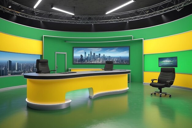 TV-Studio News-Studio Gelbes Studio Die perfekte Kulisse für jede grüne Leinwand oder Chromakey-Video- oder Fotoproduktion 3D-Rendering