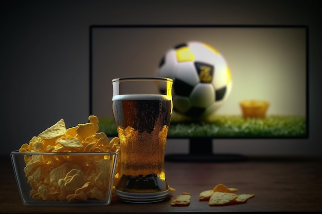 TV televisão assistindo jogo de futebol com lanches e álcool relaxe em frente à TV Uma partida de torcedor joga um prato de batatas fritas caneca de cerveja na mesa Bebidas de pipoca