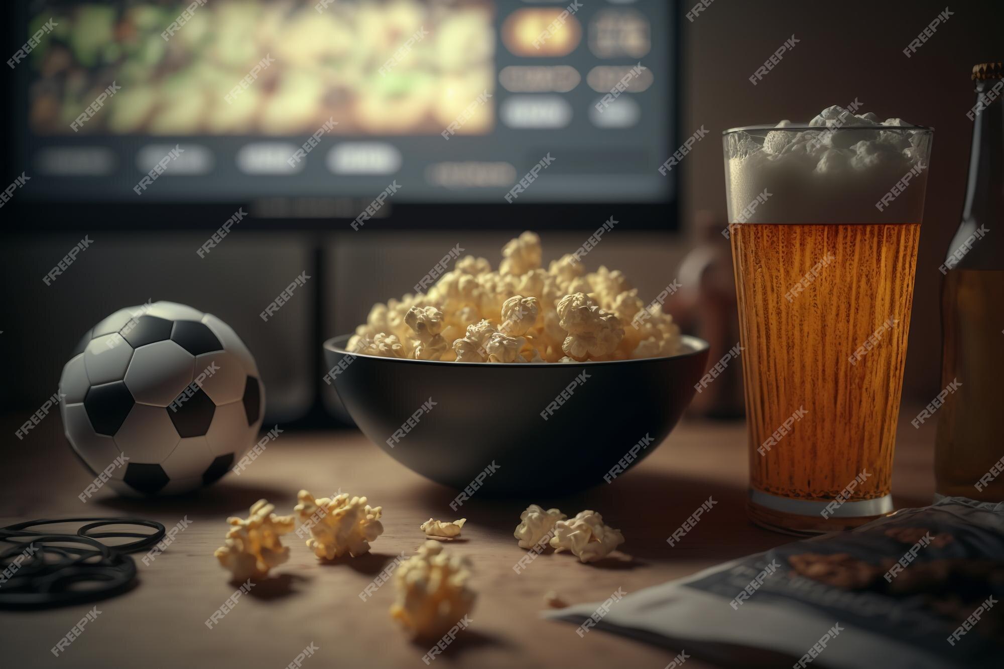 Conceitual assistir jogo de futebol no sofá na televisão com garrafas de  cerveja e tigela de pipoca em amigos apreciando jogo de futebol TV fotos,  imagens de © TheVisualsYouNeed #193389504