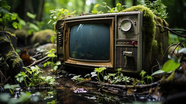 Tv velha abandonada na fotografia da natureza