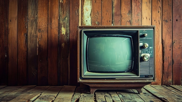 Foto tv velha retrô colocada em um fundo de madeira atmosfera nostálgica ou vintage uma tv velha cria uma sensação do passado