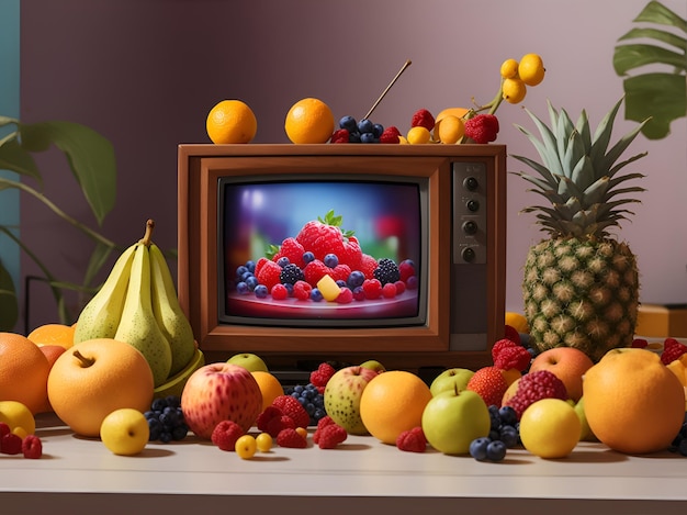 Foto tv vieja con frutas