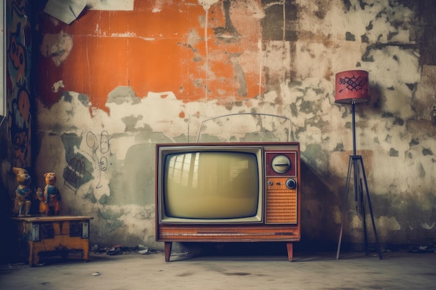 TV vintage contra a parede Estilo retrô Generative AI