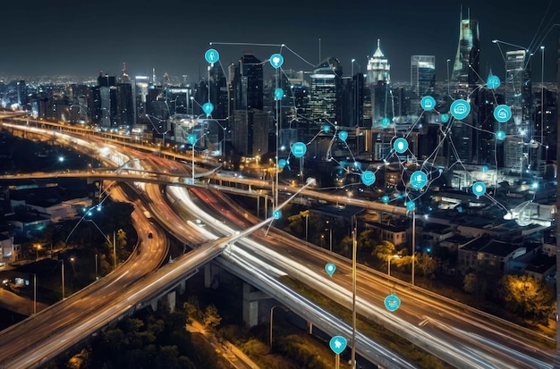 Foto twilight cityscape with busy highways