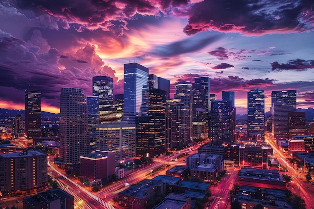 Twilight Panorama do arranha-céu de Denver e Downtown Street Travel America