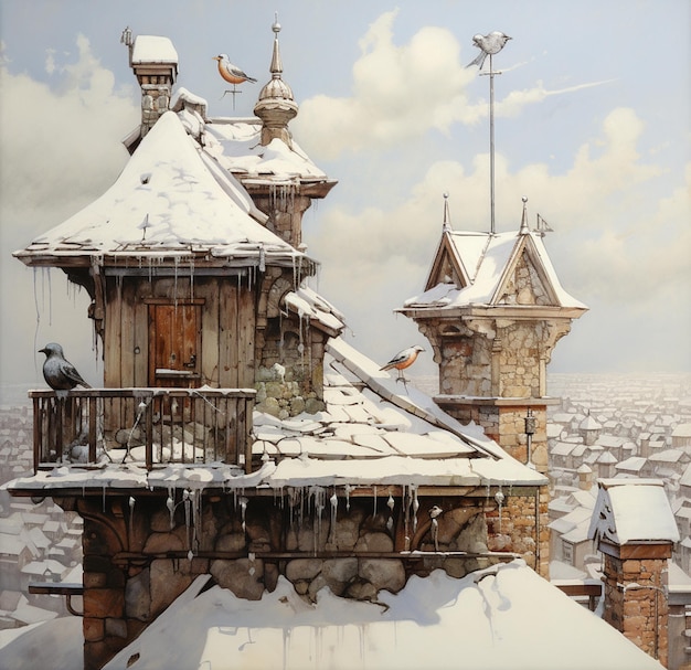 Twilight's Spell auf einem schneebedeckten Dorfplatz Ein Porträt im Jon J. Muth-Stil