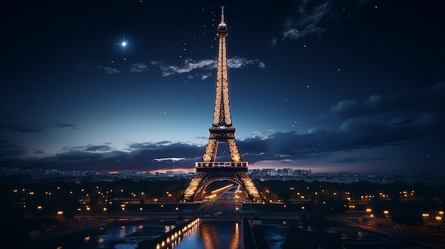 Twilight Splendor Eiffelturm beleuchtet mit generativer KI