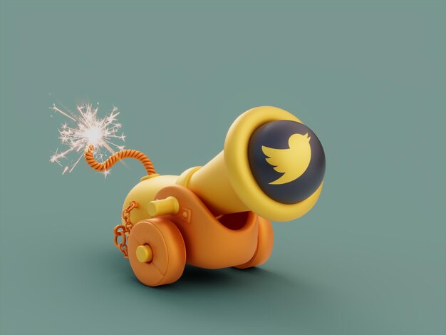 Twitter Cañón Ruedas Asedio Ataque Defensa Arma Social Media Marketing 3D Ilustración Render