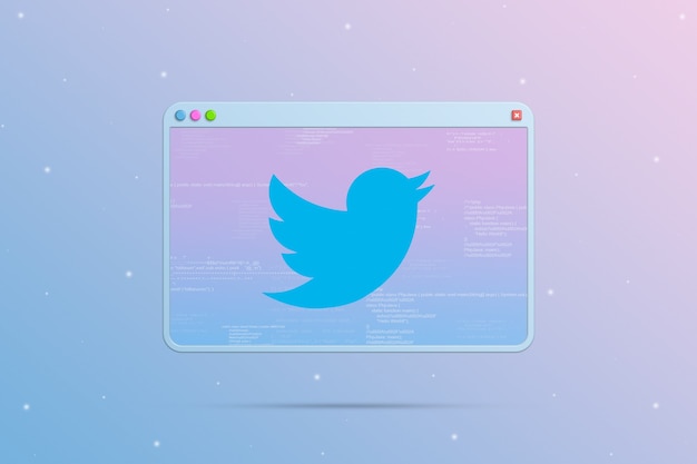 Twitter-Logo-Icon im Browserfenster mit Elementen des Programmcodes 3d