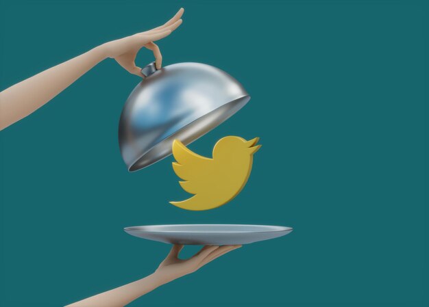 Twitter Redes sociales Mano abierta Presente Tapa Bandeja de comida Comer plato Ilustración 3D