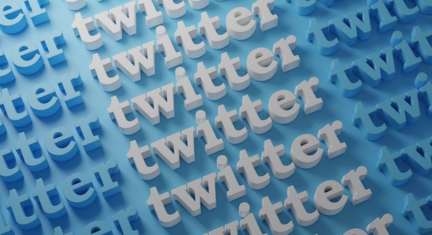 Twitter tipografía múltiple en pared azul, renderizado 3D