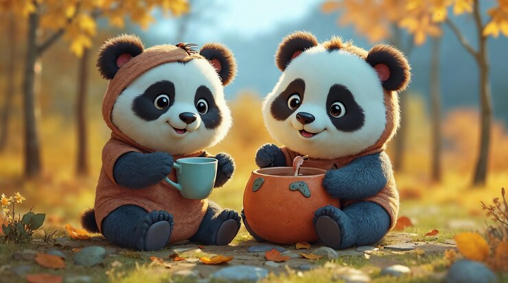 Foto two adorable pandas enjoying autumn