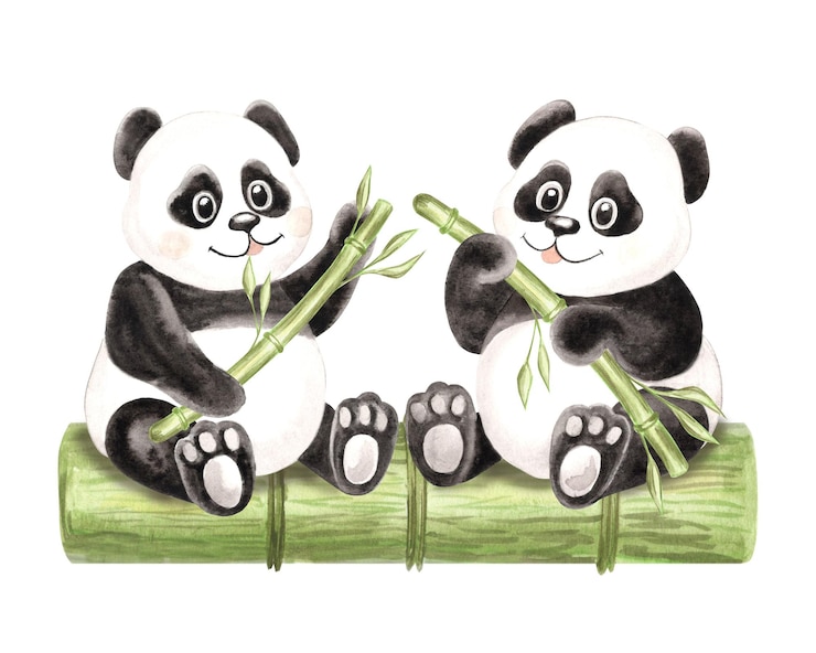 Foto two cute baby panda eating bamboo sitting on green log watercolor illustration for kids