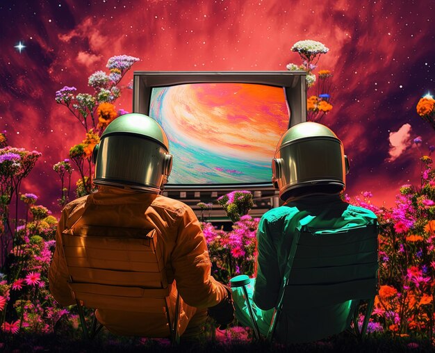 Foto two people are looking at a tv with the words  space  on the screen