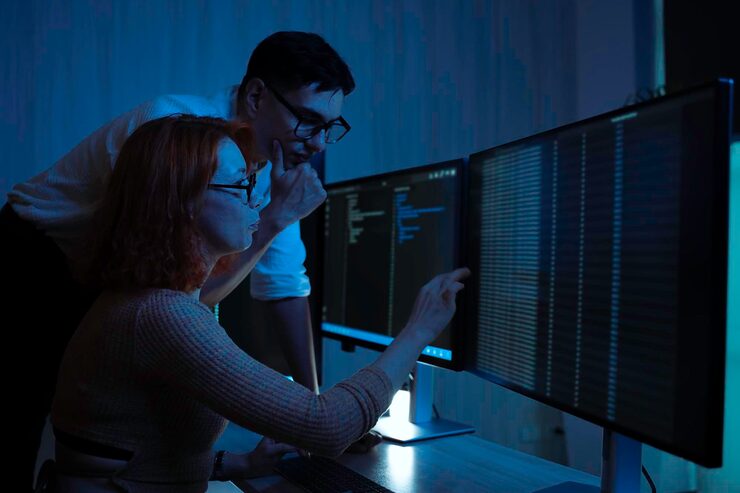 Foto two software developers collaborating at night focusing on code review and debugging process on a computer screen representing teamwork innovation and modern software development workflow