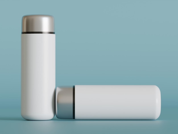 Two white thermos with a silver lid on a light blue background