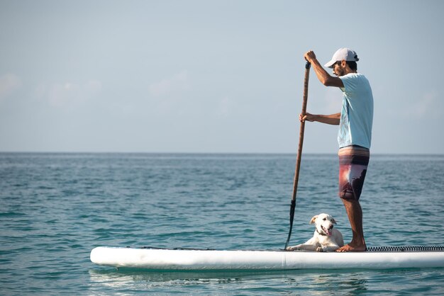 Typ auf einem Sup-Board mit einem Paddle mit einem Hund steht im Sommer auf dem Meer Stand Up Paddle