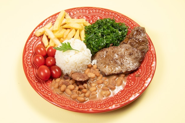 Typisch brasilianisches Grundgericht mit Reis, Bohnen, Steak, Pommes Frites, Schmorkohl und Tomate in einem roten Teller auf Draufsicht