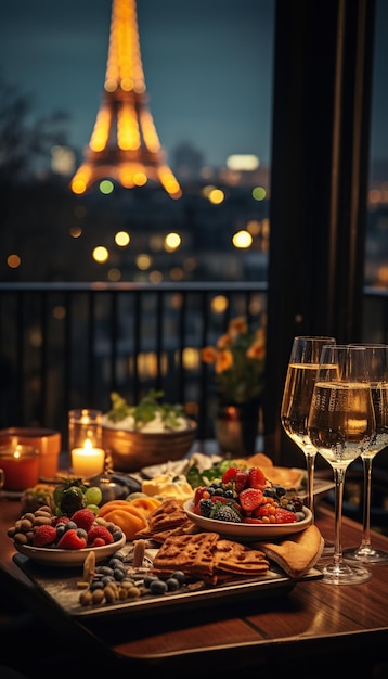 Typisch französisches Essen Verschiedene Tapas und Canapes an der Bartabelle Dunkelheit und romantische Atmosphäre