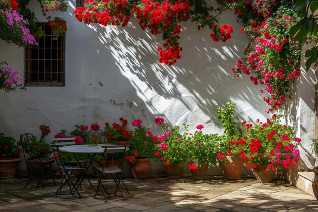 Typische andalusische Terrasse mit Tischen, Stühlen und Blumen