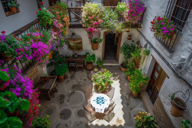 Typische andalusische Terrasse mit Tischen, Stühlen und Blumen