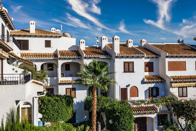 Typische Häuser im spanischen Stil und tropische Pflanzen.