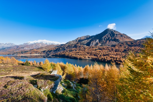 Typische Herbstlandschaft des Engadin in den Schweizer Alpen