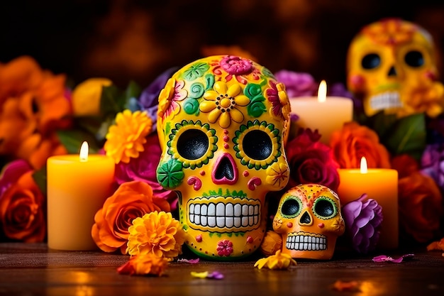 Typischer mexikanischer Totenkopf mit Blumen auf Holztisch gemalt Dia de los muertos