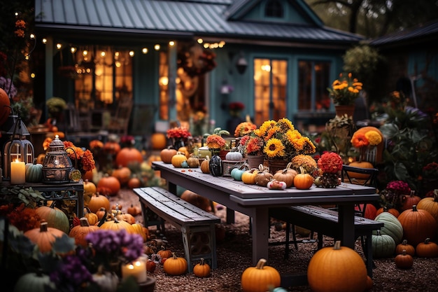 typisches amerikanisches Haus mit Rasen, viele Halloween-Kürbisse, Halloween-Dekorationen, gelbe Blätter
