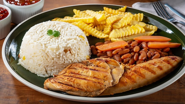 Typisches brasilianisches Mittagessen mit Reis und Bohnen, gegrilltem Hühnerfilet und Pommes Frites