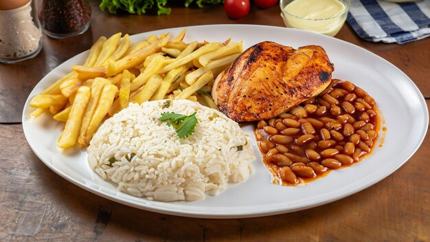 Typisches brasilianisches Mittagessen mit Reis und Bohnen, gegrilltem Hühnerfilet und Pommes Frites