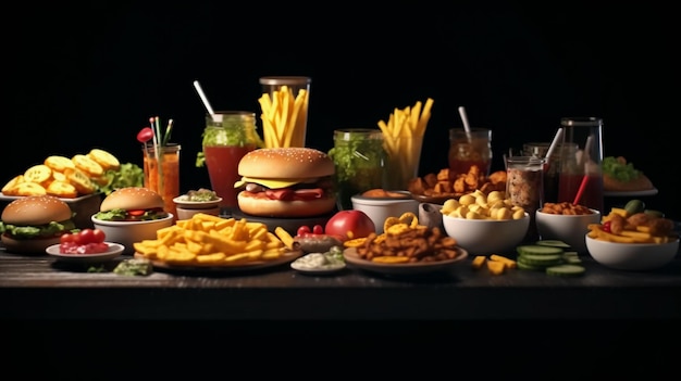 Typisches Fast-Food-Set auf einem Holztisch. Rindfleischburger, eine Schüssel mit salzigem Pommes-Frites-Ketchup und ein