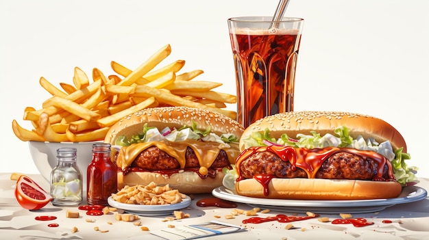 Typisches Fast-Food-Set auf einem Holztisch. Rindfleischburger, eine Schüssel mit salzigem Pommes-Frites-Ketchup und ein