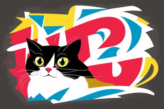 Typografie-Kunst-Vektor-Stil-Karikatur 1 Süße süße perfekte Katze Sehr helle Farben bunt