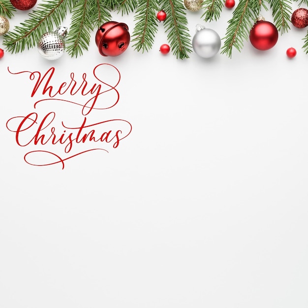 Typografischer Hintergrund mit weihnachtlichen Elementen Geschenke Frohe Weihnachten Hintergrund festliche dekorative Objekte flach legen Draufsicht Weihnachtsplakat Urlaub Banner stilvolle Broschüre Grußkarte