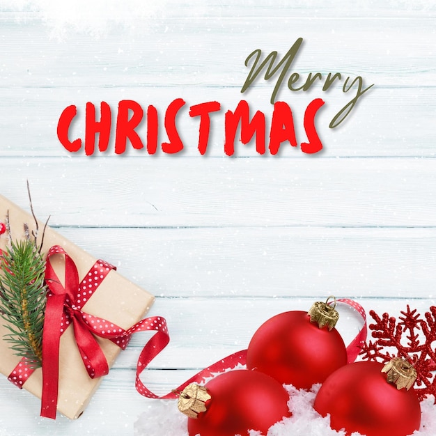 Typografischer Hintergrund mit weihnachtlichen Elementen Geschenke Frohe Weihnachten Hintergrund festliche dekorative Objekte flach legen Draufsicht Weihnachtsplakat Urlaub Banner stilvolle Broschüre Grußkarte