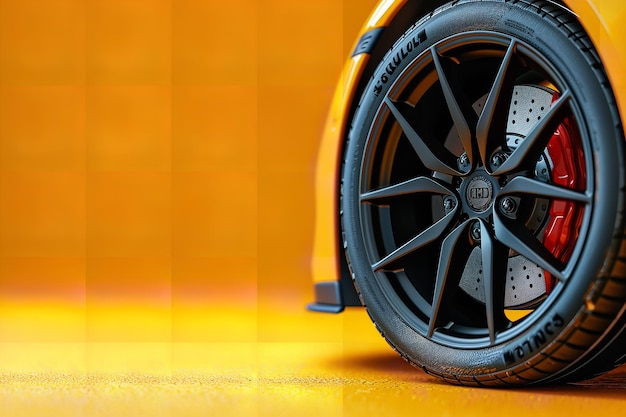 Tyra e disco de freio para um carro contra um fundo amarelo Generative Ai