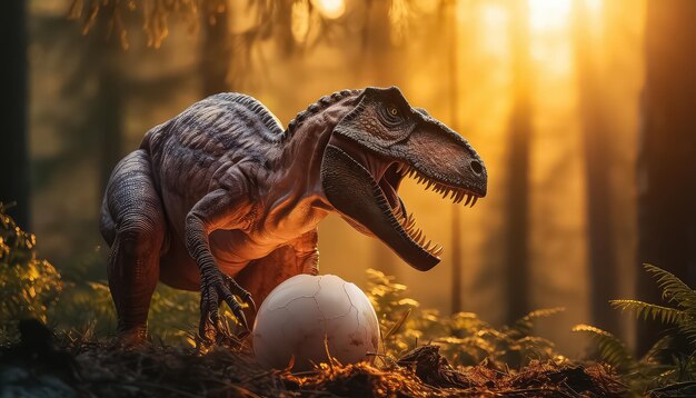 Tyrannosaurus rex con huevo pequeño a la luz del sol